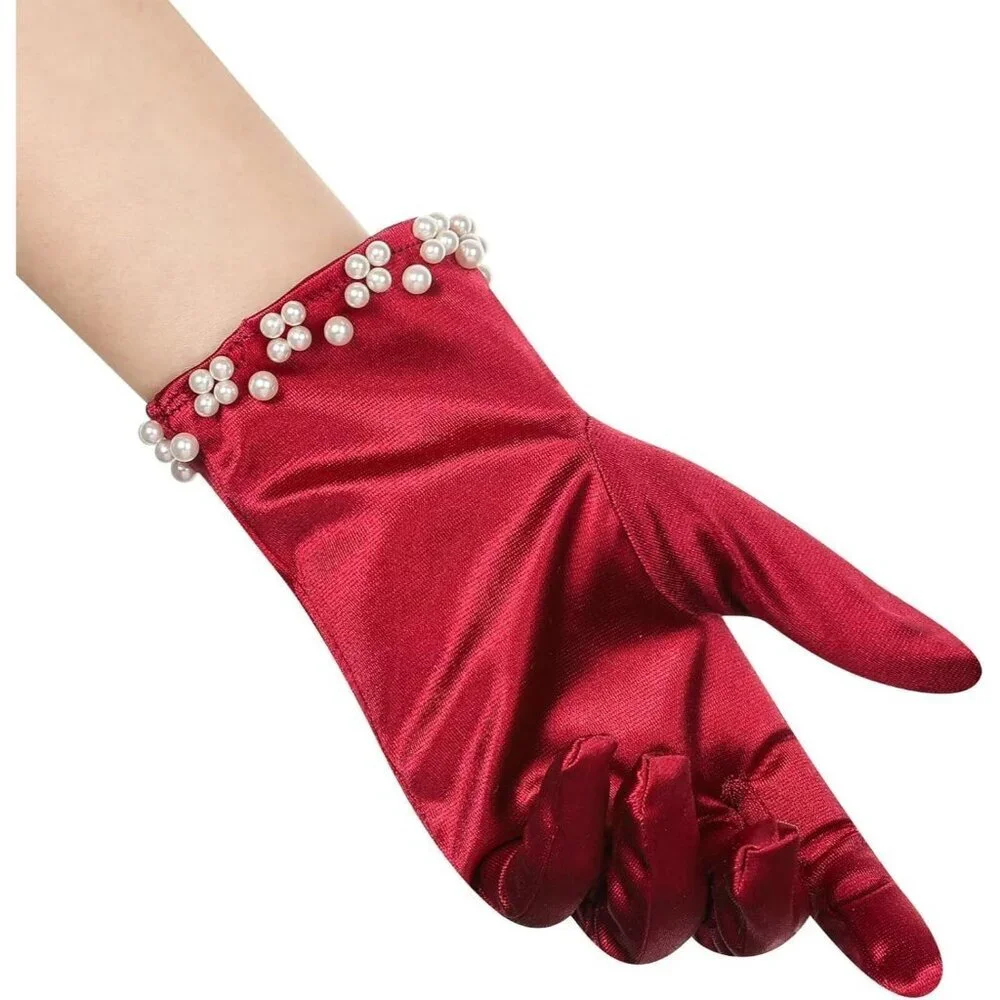 Women's Burgundy Satin Pearl Short Length Gloves Wedding Banquet Party Prom